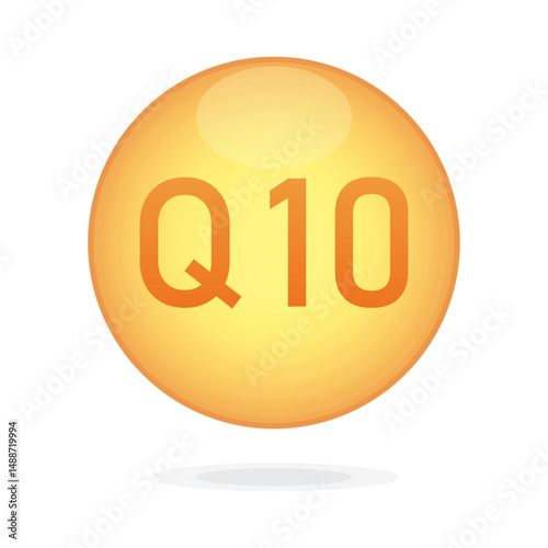 Coenzyme Q10 oil icon. Treatment golden drop pill capsule. Q10 skin care wellness. Collagen supplement. Essential oil. Ubiquinone enzyme. Serum care skin, Health nutrition. Vector illustration EPS 10