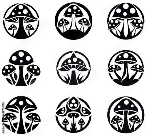 Black and White Mushroom Logo Set – Vector Fungi Icons for Nature, Psychedelic, and Botanical Designs