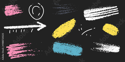 Colorful chalk texture brush strokes arrow circles and scribbles on blackboard background hand drawn crayon style vector illustration for creative design and decoration