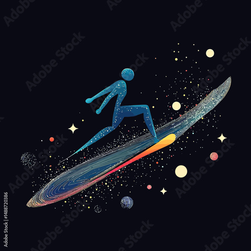 Abstract vector illustration of cosmic figure surfing on a galaxy shaped surfboard with stars and planets in space background in minimalist style