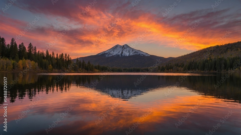 Fototapeta premium Vibrant Sunset Reflects on Tranquil Lake With Snow-Capped Mountain Backdrop in Autumn Colors