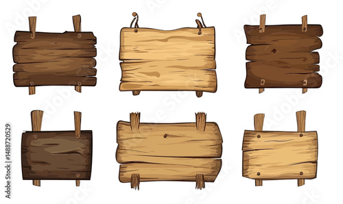 Set of six blank rustic wooden sign boards in various shapes and shades with hanging and nailed details flat minimalist vector illustration for vintage signage or outdoor decor design