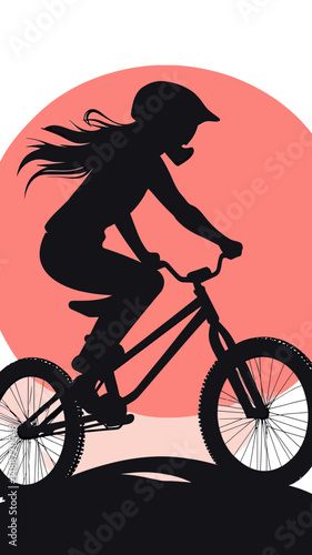 Silhouette of girl riding BMX bike with helmet flat minimalist vector illustration against pink circle background outdoor sports activity