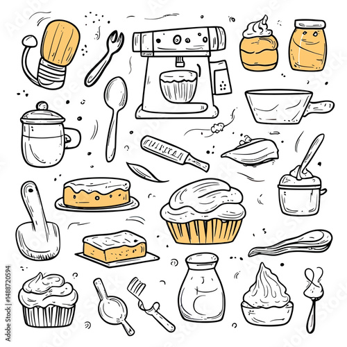 Hand drawn baking utensils and ingredients set with mixer cupcake cake butter jar spoon mixer whisk in doodle sketch style for recipe design or bakery illustration