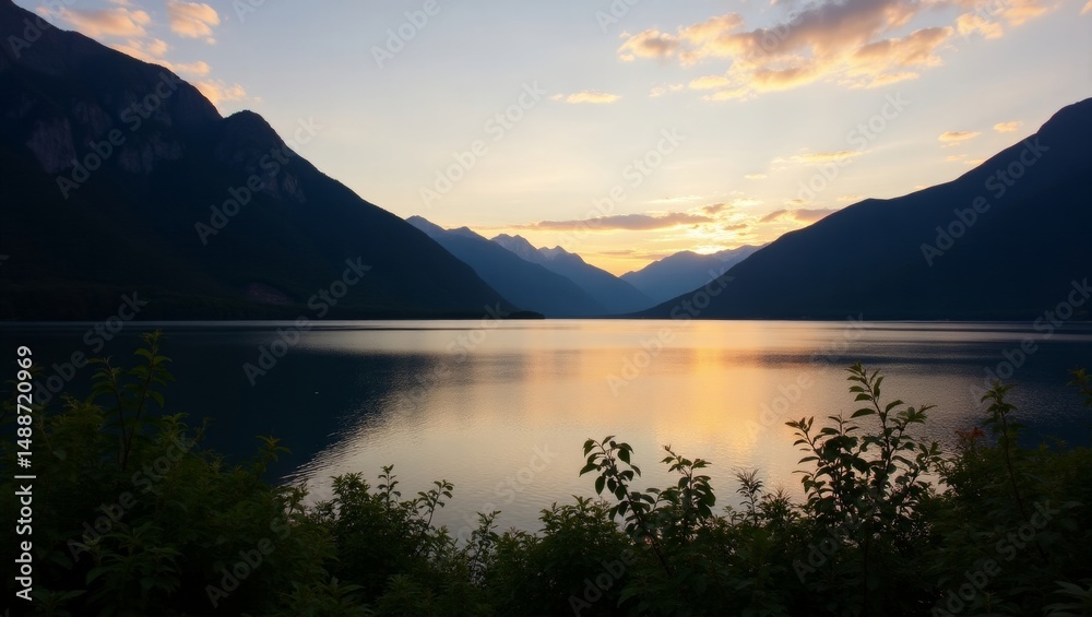 Fototapeta premium Sunset Colors Reflecting on the Calm Water of a Mountain Lake Surrounded by Peaks and Greenery During Late Evening Hours