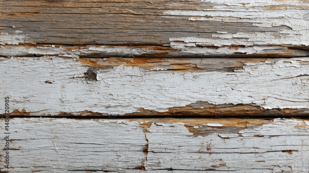 Fototapeta premium Weathered wood plank with peeling white paint. Horizontal, natural wood grain with layers of cracked, flaking white paint