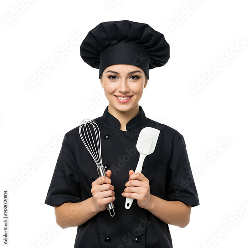 female chef in black uniform holding silicone spatula and whisk for beating eggs, isolated on transparent background