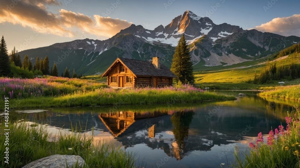 Fototapeta premium Scenic Wooden Cabin by a Tranquil Lake Surrounded by Vibrant Wildflowers and Majestic Mountains During Sunset