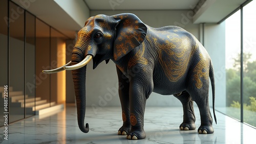 Elegant bronze elephant statue interior art studio setting