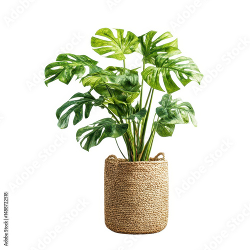 Monstera plant in woven pot isolated on transparent background