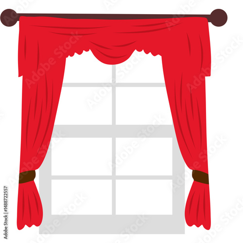 Window red curtain illustration. Home interior design elements