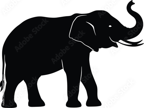 Minimalist Black and White Elephant Silhouette Standing Side View, Majestic and Powerful

