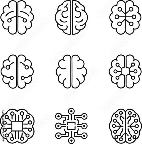 Brain Technology Icon Set | AI Neural Network Circuit Brain Vector for Tech and Science