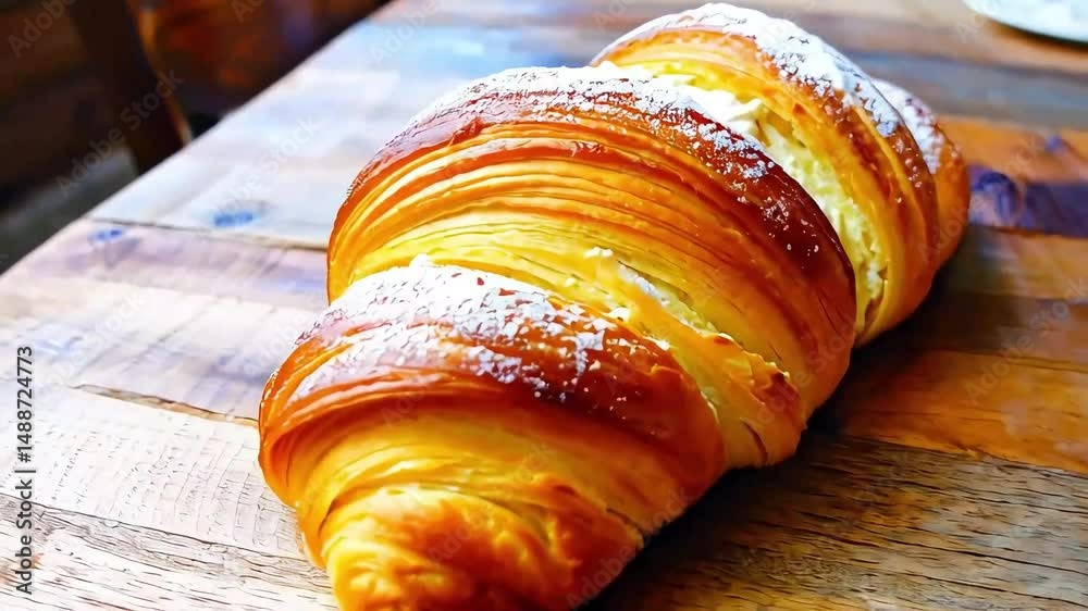 Golden flaky croissant dusted with powdered sugar on breakfast table. Concept of fresh bakery delight