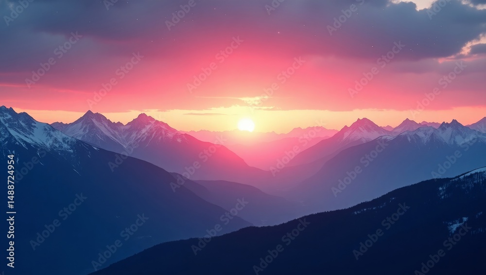 Obraz premium Breathtaking Sunset Over Snow-Capped Mountains With Vibrant Colors Illuminating the Sky at Twilight in a Serene Alpine Landscape
