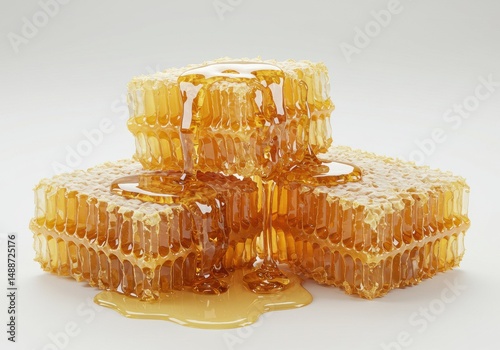 Golden Honeycomb Stacks Fresh, Natural Honey Dripping from Vibrant Beeswax Combs