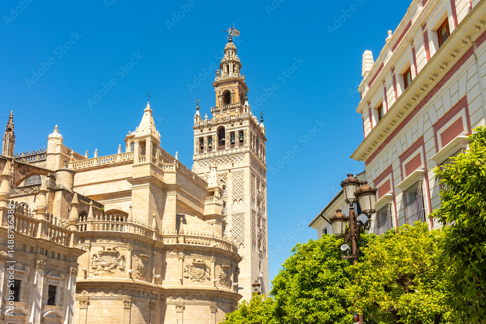 Fototapeta premium Triumph square with Giralda tower of Seville Cathedral, Spain
