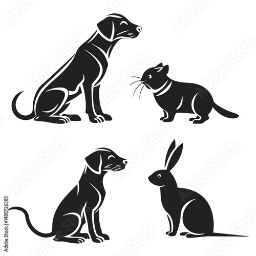 Black silhouettes of dog cat and rabbit pets
