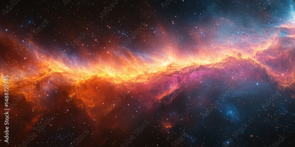 Fototapeta premium Vibrant cosmic nebula illuminated by colorful gases in deep space at night