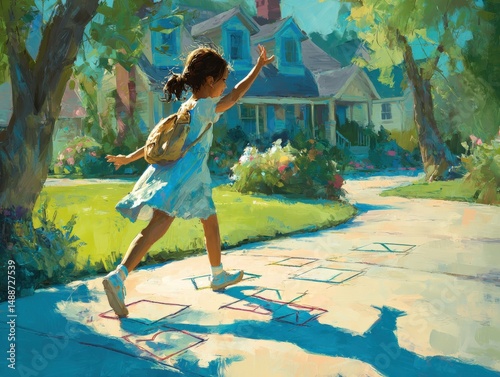 A young girl with a backpack joyfully hopscotch on a sunny day, her shadow playfully mirroring her movements.