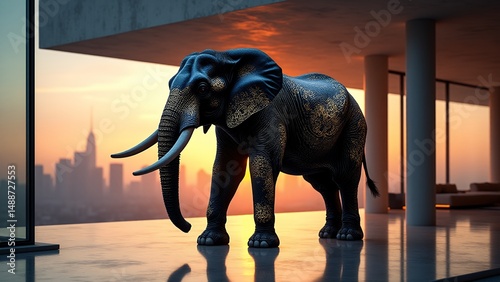 Elegant elephant statue interior setting with cityscape backdrop