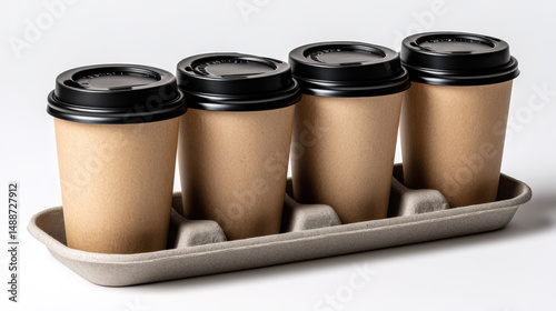 Four coffee cups in a cardboard tray ready for delivery at a coffee shop in the morning