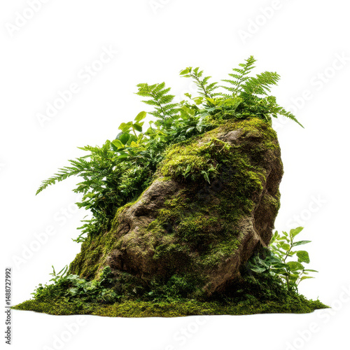 Mossy rock formation with ferns isolated on transparent background