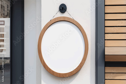 Empty circular signboard mockup mounted on a wooden bracket outside a storefront