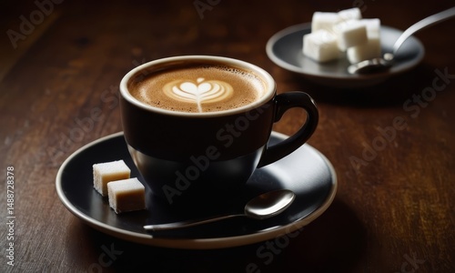 Aromatic Coffee Cup with Latte Art and Sugar Cubes on Wooden Table