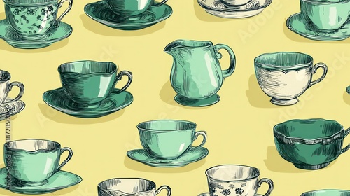 Vintage teacups and saucers, cream jug, delicate illustrations on a light yellow background