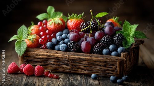 Fresh assortment of berries in a rustic wooden basket on a dark background