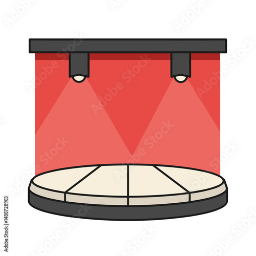 Circular stage with overhead lights and red backdrop