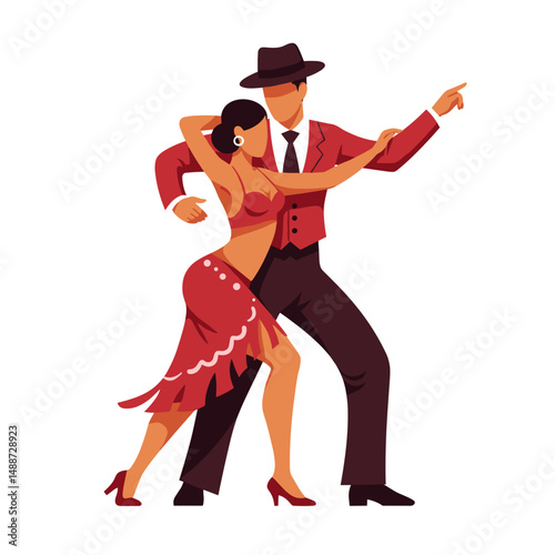 Elegant couple dancing together in vibrant Latin attire  