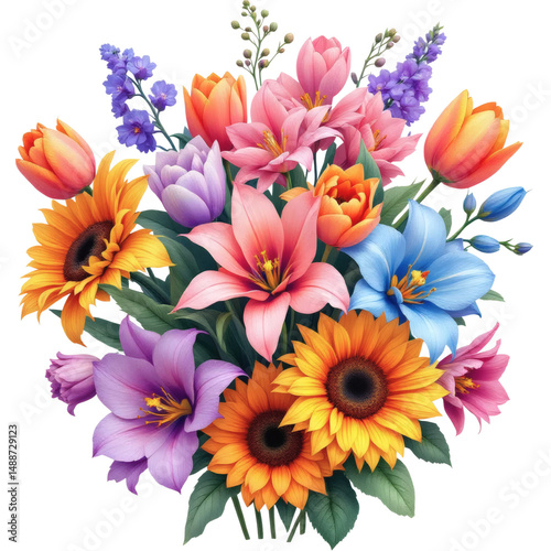 Vibrant bouquet of tulips sunflowers lilies and lavender on black background