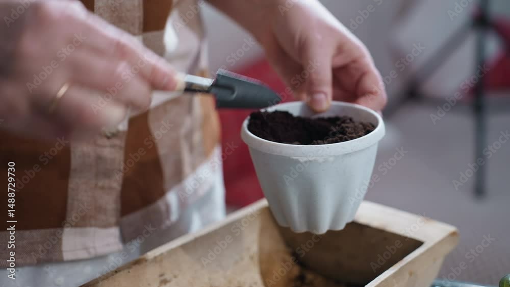 Lower view of gardener hands using small shovel to dig hole in plastic pot filled with dark soil and gently placing young plant with fresh roots into hole on indoor glass table with potted greenery