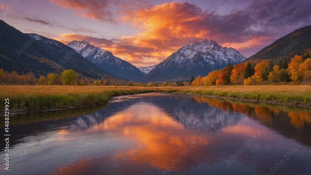 Obraz premium Stunning Sunset Reflection Over a Serene River Framed by Majestic Mountains and Autumn Foliage in a Picturesque Valley