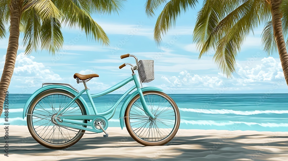Fototapeta premium Teal bicycle on sandy beach