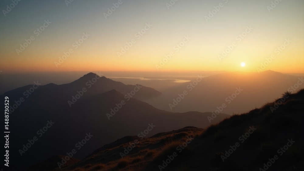 Fototapeta premium Majestic Sunset Over Mountain Ranges With Distant Peaks Illuminated in Warm Golden Hues, Creating a Tranquil Atmosphere in the Evening Sky
