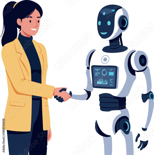 Woman shaking hands with robot artificial intelligence technology collaboration vector illustration 