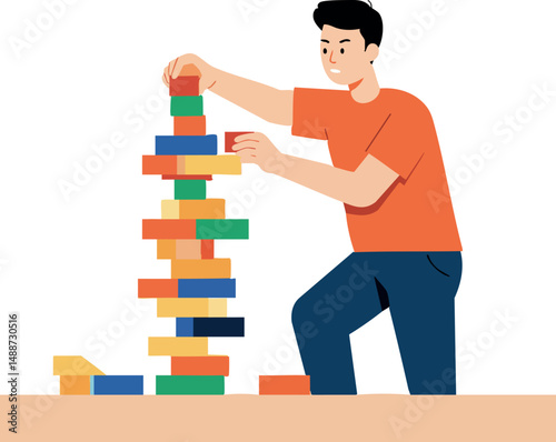 Boy playing colorful block stacking game in casual outfit vector illustration 