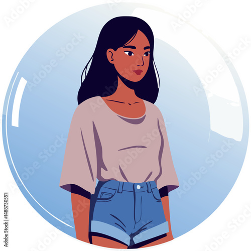 Young woman wearing casual clothes inside transparent bubble vector illustration 