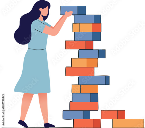 Woman playing colorful wooden block stacking game in casual dress vector illustration 