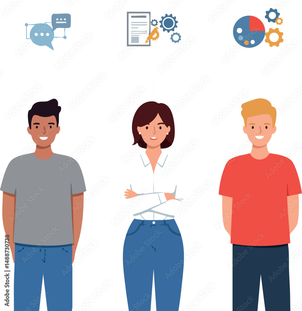 Fototapeta premium Diverse group of young adults with communication and business icons above heads vector illustration 