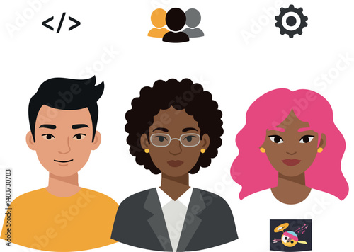 Diverse group of three people with coding and gear icons teamwork vector illustration 