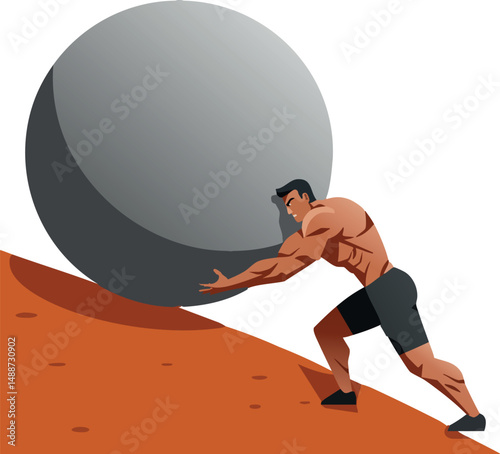 Muscular man pushing giant boulder uphill illustrating strength and determination concept 