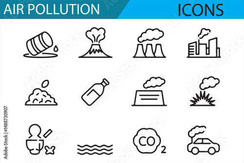 CO2 Emissions, Waste, and Air Pollution Icons in Clean Line Art for Eco-Friendly Designs