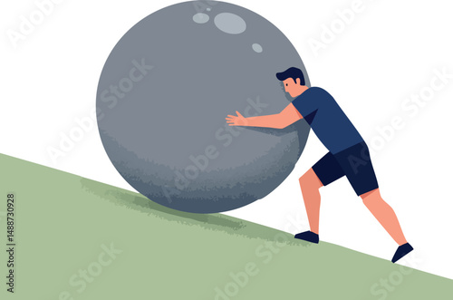 Man pushing large boulder uphill on green slope vector illustration 