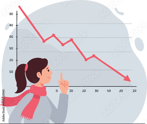 Woman pointing at declining red line graph showing financial loss vector illustration 