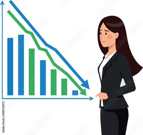 Businesswoman analyzing declining financial data with bar and line charts in office environment 