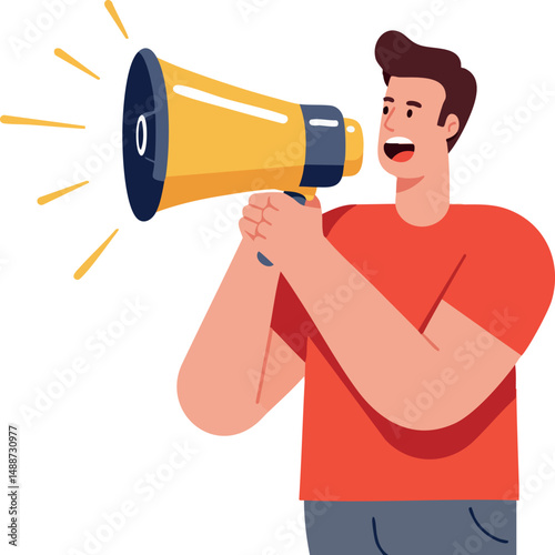 Man shouting into yellow megaphone with red shirt vector illustration 
